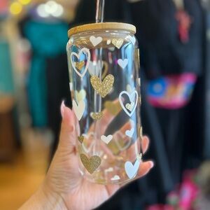 Heart Design Glass Water Bottle with Bamboo Lid